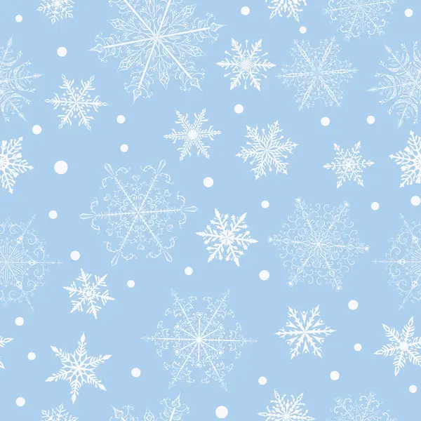 圣诞无缝图案 美丽而复杂的白色雪花 背景浅蓝色 下雪天的冬季图解 — 图库矢量图片