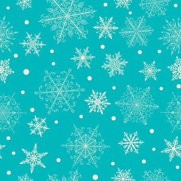 ライトブルーの背景に美しい複雑な白い雪片のクリスマスシームレスなパターン 雪が降る冬のイラスト — ストックベクタ