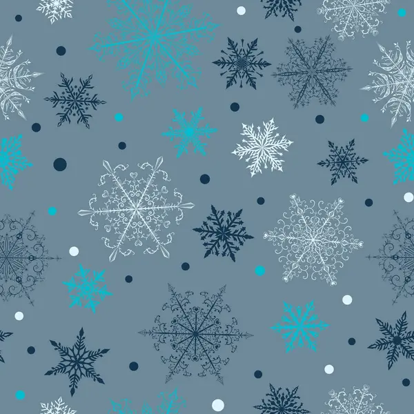 Рождественский Бесшовный Узор Красивых Сложных Голубых Белых Снежинок Сером Фоне — стоковый вектор