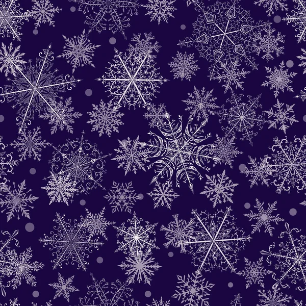 Vánoční Bezešvé Vzor Krásné Komplexní Bílé Sněhové Vločky Tmavomodrém Pozadí — Stockový vektor