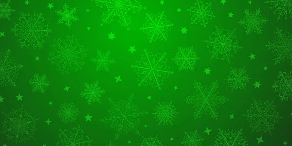 緑色の美しい複雑な雪片のクリスマスの背景 雪が降る冬のイラスト — ストックベクタ