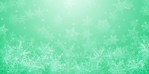 Kerst Achtergrond Van Mooie Complexe Sneeuwvlokken Licht Groene Kleuren Winter — Stockvector