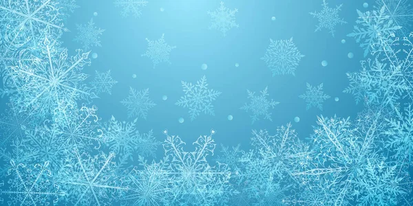 圣诞节的背景是美丽而复杂的蓝色雪花 下雪天的冬季图解 — 图库矢量图片