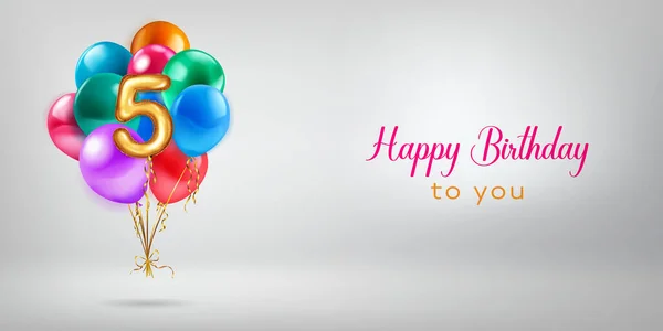 用一束彩色氦气气球 5号形状的金箔气球 和白色背景的祝你生日快乐的生日图片说明 — 图库矢量图片