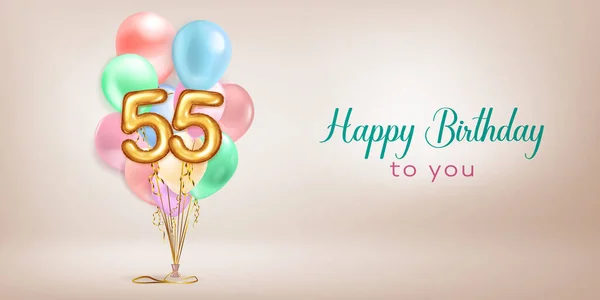 喜庆的生日图片说明 用淡淡的颜色和一束氦气气球 55号形状的金箔气球 以及米色背景的祝你生日快乐 — 图库矢量图片