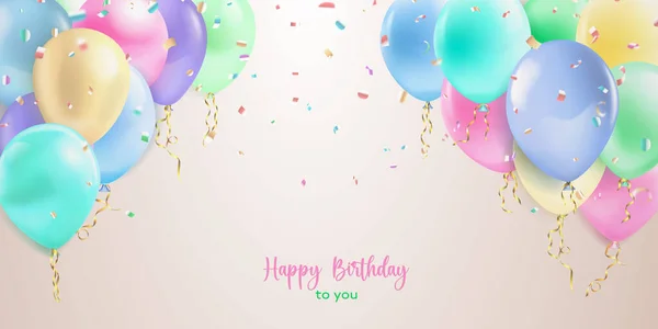 Feestelijke Verjaardagsillustratie Pastelkleuren Met Helium Ballonnen Stukjes Serpentijn Belettering Hartelijk — Stockvector