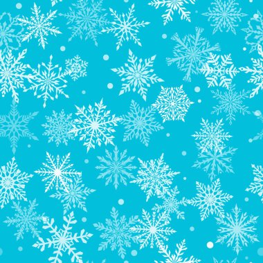 Açık mavi ve beyaz renklerde güzel, karmaşık kar tanelerinin kusursuz Noel deseni. Kar yağan kış arkaplanı