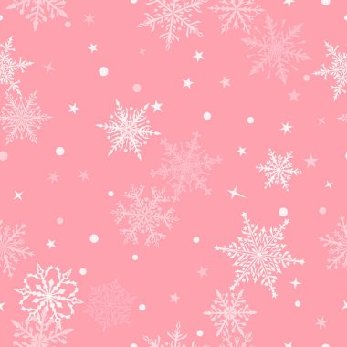 Pembe ve beyaz renklerde güzel, karmaşık kar tanelerinin kusursuz Noel deseni. Kar yağan kış arkaplanı