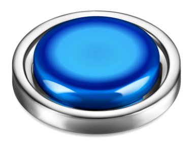 Beyaz zemin üzerinde parlak metalik kenarı olan gerçekçi büyük mavi plastik düğme