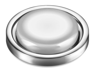 Beyaz zemin üzerinde parlak metalik kenarı olan gerçekçi büyük beyaz plastik düğme