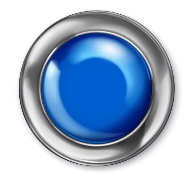 Parlak metalik kenarlı, gerçekçi, büyük, mavi bir plastik düğme. Beyaz arkaplanda gölgeler