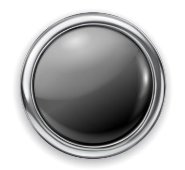 İnce metalik kenarlı, gerçekçi, büyük siyah plastik bir düğme. Beyaz arkaplanda gölgeler