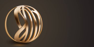 Birbirine karışmış ince tabakalardan yapılmış, küre şeklinde kıvrılmış ve birbirine dolanmış, koyu arkaplanda gölgeler olan altın soyut bir nesne.