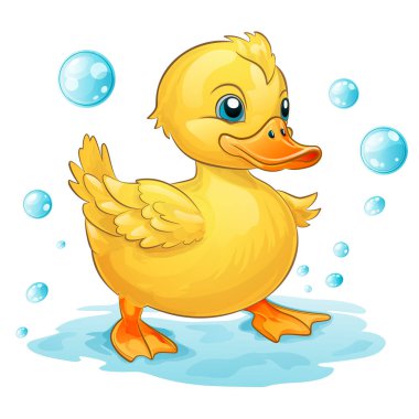 Sabun köpükleriyle çevrili sarı bir ördek yavrusunun hoş görüntüsü, çocuk dekorunda ve çocuk kitaplarında kullanmak için ideal.