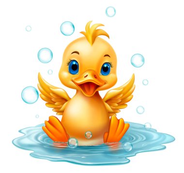 Tatlı çizgi film ördekleri su birikintisinde oturuyor ve etrafı sabun köpükleriyle çevrili, beyaz arka planda izole edilmiş.