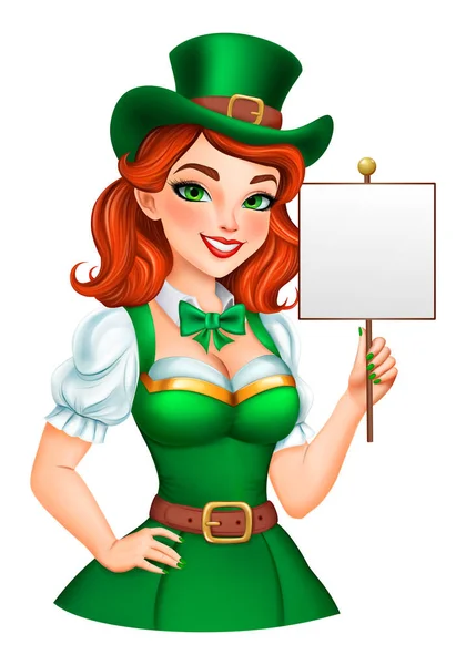Charming Cartoon Elf Girl Red Hair Irish National Clothes Green — Stock Vector