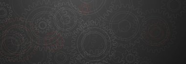 Gri arkaplanda beyaz ve kırmızı renklerde geniş ve küçük dişli desenli soyut çizimler