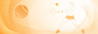 Tenis temalı arka plan, soyut çizgiler, kıvrımlar ve noktalar ile, kadın bir tenisçi iş başında, topa vurmak için raket sallıyor.