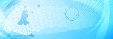 Tenis temalı arka plan mavi tonlarda soyut çizgiler, kıvrımlar ve noktalar, erkek bir tenisçi iş başında, topa vurmak için raket sallıyor.