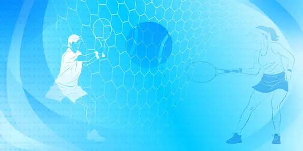 Tennis Thema Achtergrond Blauwe Tinten Met Abstracte Lijnen Bochten Stippen — Stockvector