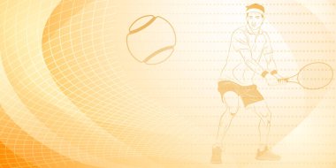 Tenis temalı arka plan, soyut kıvrımlı çizgiler ve noktalarla, erkek bir tenisçinin topa vurmak için raket tutması.