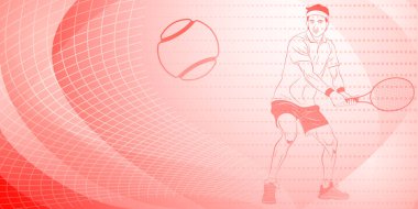 Tenis temalı arka plan kırmızı tonlarda soyut kıvrımlar ve noktalarla, erkek bir tenisçinin topa vurmak için raket tutması.
