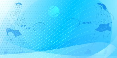 Tenis temalı arka plan soyut kıvrımlar ve noktalarla, iki tenisçi, bir erkek ve bir kadın, topa vurmak için raket tutuyorlar.