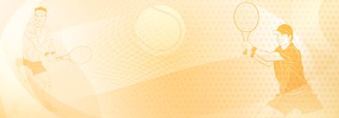 Tenis temalı arka plan, soyut kıvrımlı çizgiler ve noktalarla, her biri topa vurmak için raket tutan iki erkek tenisçiyle birlikte.