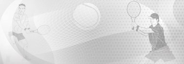 Tenis temalı arka plan, soyut kıvrımlı çizgiler ve noktalarla, iki erkek tenisçi iş başında, her biri topa vurmak için raket tutuyor.