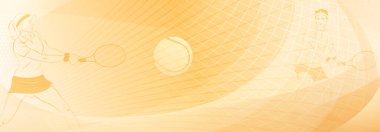 Tenis temalı arka plan soyut kıvrımlı çizgiler ve noktalarla, iki tenisçi, bir kadın ve bir erkek, her biri topa vurmak için raket tutuyor.