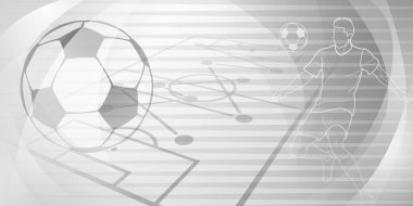 Futbol temalı arka plan, soyut çizgiler ve kıvrımlarla, futbolcu, stadyum ve top gibi spor sembolleriyle gri tonlarda.