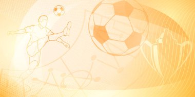 Futbol temalı arka plan soyut çizgiler ve kıvrımlarla, futbolcu, stadyum, top ve kupa gibi spor sembolleriyle sarı tonlarda.