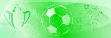 Futbol temalı arka plan, soyut meç ve noktalarla, futbolcu, kupa ve top gibi spor sembolleriyle yeşil tonlarda.