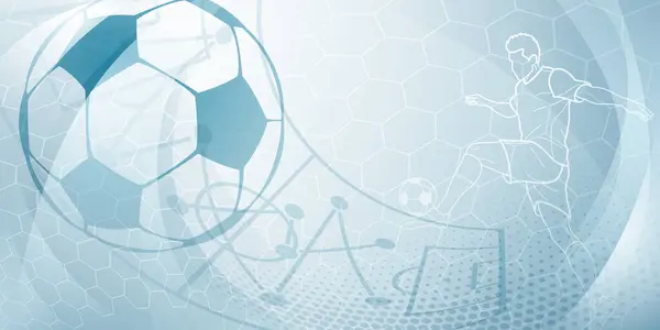 サッカーは サッカー選手 スタジアム ボールなどのスポーツシンボルを備えた抽象的なドット メッシュ カーブと軽い青色のトーンで背景をテーマにしました — ストックベクタ