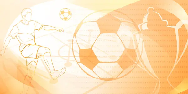 サッカーは サッカー選手 スタジアム ボール カップなどのスポーツシンボルと抽象的なドットと曲線で黄色のトーンで背景をテーマにしました — ストックベクタ