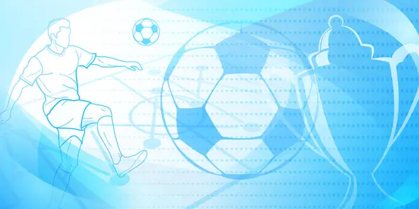 サッカーは サッカー選手 スタジアム ボール カップなどのスポーツシンボルと抽象的なドットと曲線で青色のトーンで背景をテーマにしました — ストックベクタ