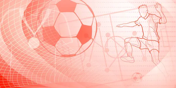 サッカーは サッカー選手 スタジアム ボールなどのスポーツシンボルを備えた抽象的な点線 メッシュ カーブと赤色のトーンで背景をテーマにしました — ストックベクタ
