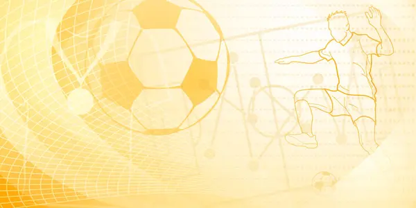 サッカーは抽象的な点線 網および曲線が付いている黄色いトーンの背景を サッカー選手 競技場および球のようなスポーツのシンボルをテーマにしました — ストックベクタ