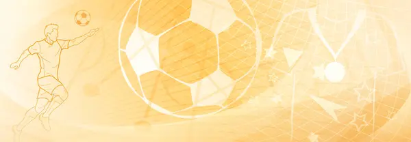 サッカーは抽象的な網およびカーブが付いている黄色のトーンで背景をテーマにし サッカー選手および球のようなスポーツのシンボル — ストックベクタ