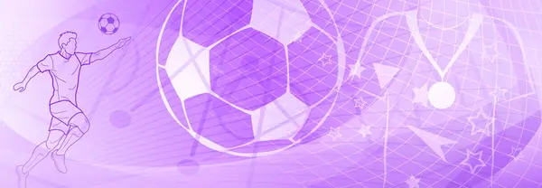 サッカーは抽象的なメッシュと曲線と紫色のトーンで背景をテーマにし サッカー選手やボールなどのスポーツシンボル — ストックベクタ