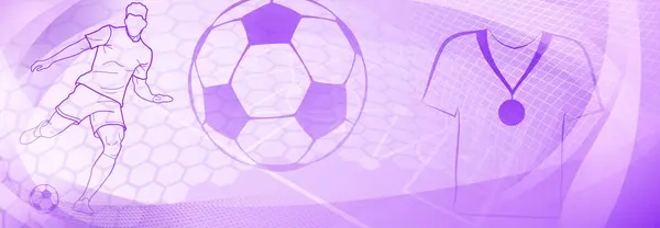 サッカーは抽象的なメッシュと曲線と紫色のトーンで背景をテーマにし サッカー選手やボールなどのスポーツシンボル — ストックベクタ
