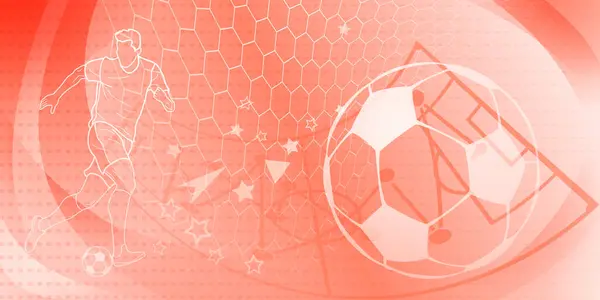 サッカーは サッカー選手 ボール スタジアムなどのスポーツシンボルと抽象的なメッシュと曲線で赤色のトーンで背景をテーマにしました — ストックベクタ