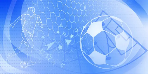 サッカーは サッカー選手 ボール スタジアムなどのスポーツシンボルと抽象的なメッシュと曲線で青色のトーンで背景をテーマにしました — ストックベクタ