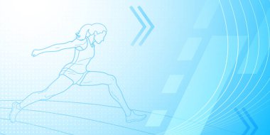 Uzun atlama temalı arka plan soyut çizgiler ve noktalarla, bayan atlet ve koşu pisti gibi spor sembolleriyle