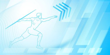 Cirit atıcısı, mavi tonlarda soyut çizgiler ve noktalarla, erkek atlet gibi spor sembolleriyle donatılmış.