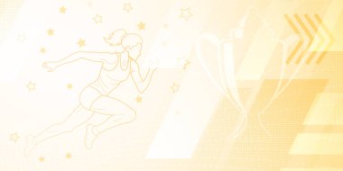 Koşucu temalı arka plan soyut çizgiler ve noktalarla, bayan atlet ve kupa gibi spor sembolleriyle