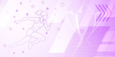 Soyut çizgiler ve noktalarla mor tonlarda koşucu temalı arka plan, kadın sporcu ve kupa gibi spor sembolleri