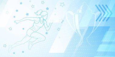 Koşucu temalı arka plan soyut çizgiler ve noktalarla, bayan atlet ve kupa gibi spor sembolleri ile mavi tonlarda