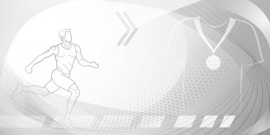 Soyut kıvrımlı ve noktalı gri tonlarda koşucu temalı arka plan, erkek atlet, koşu pisti ve madalya gibi spor sembolleri