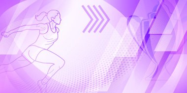 Soyut kıvrımlar ve noktalarla mor tonlarda koşucu temalı arka plan, kadın sporcu ve kupa gibi spor sembolleri